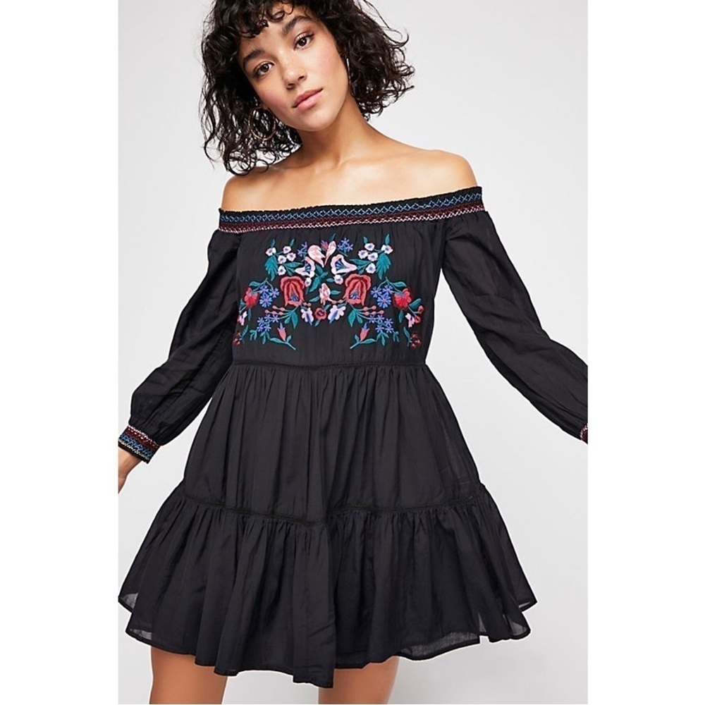 Free People • Sunbeams Off-The-Shoulder Mini Dress black embroidered smocked